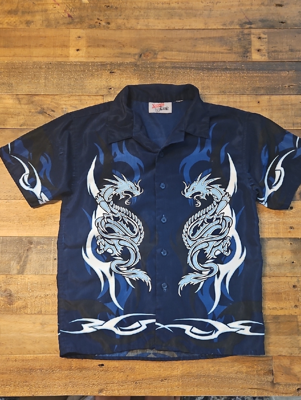 Boy's Navy Blue Dragon Print Short-Sleeve Shirt